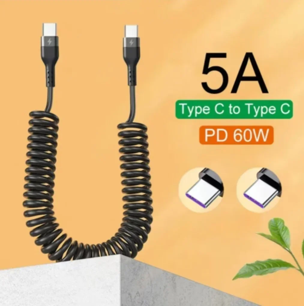60W PD 5A Coiled USB‑C to USB‑C Fast Charging Cable, Retractable Stretch Spring Anti‑Tangled Type‑C Charger Cord 1M 1.5M 2M