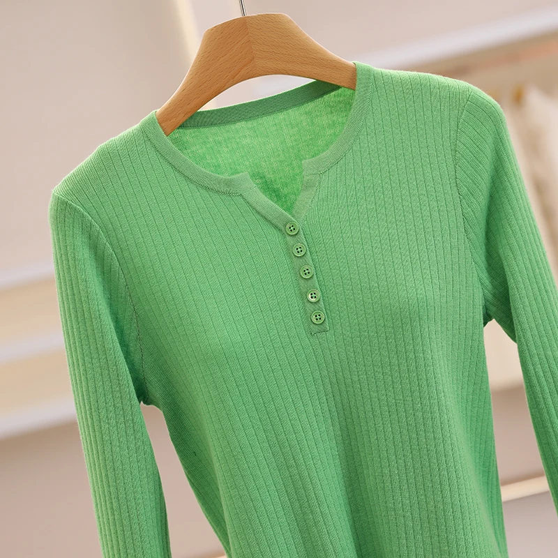 Suéter de malha feminino sle coreano cor pura botão decorativo camada base inverno faion corte reto commute sle