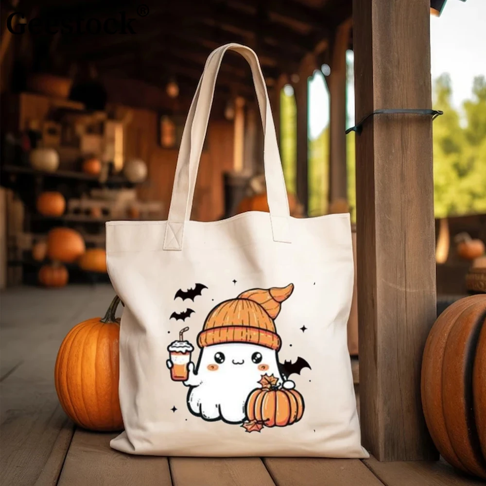 Geestock Cute Ghost Canvas Tote Bag Eco-Friendly Halloween Spooky Cute Halloween Doodle Shopping Bag Reusable Candy Gift Bag