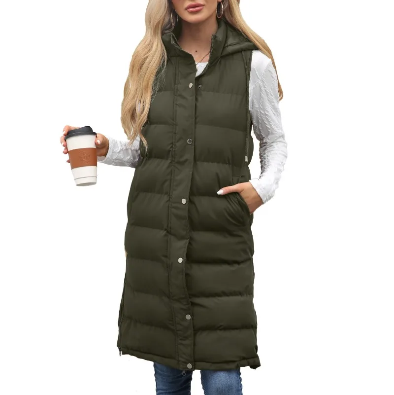 Autumn Winter New Women's Cotton Padded Vest Jackets Hooded Sleeveless Vest Long Solid Zipper Cotton Thick Coat Casual Outwear