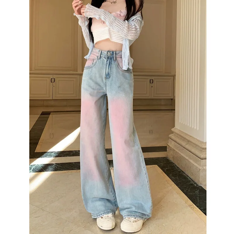 Blush Geleidelijke Verandering Jeans Retro Hoge Taille Rechte Broek Losse Wijde Pijpen Broek Broek Y 2K Broek Jeans Blauwe Jeans Voor Vrouwen