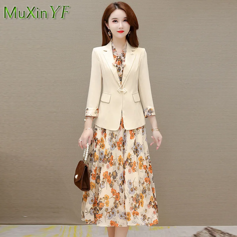 2022 Spring Autumn New Suit Jacket Dress Two-piece Women\'s Elegant Blazers Floral Long Skirt Set Female Office Professional Wear