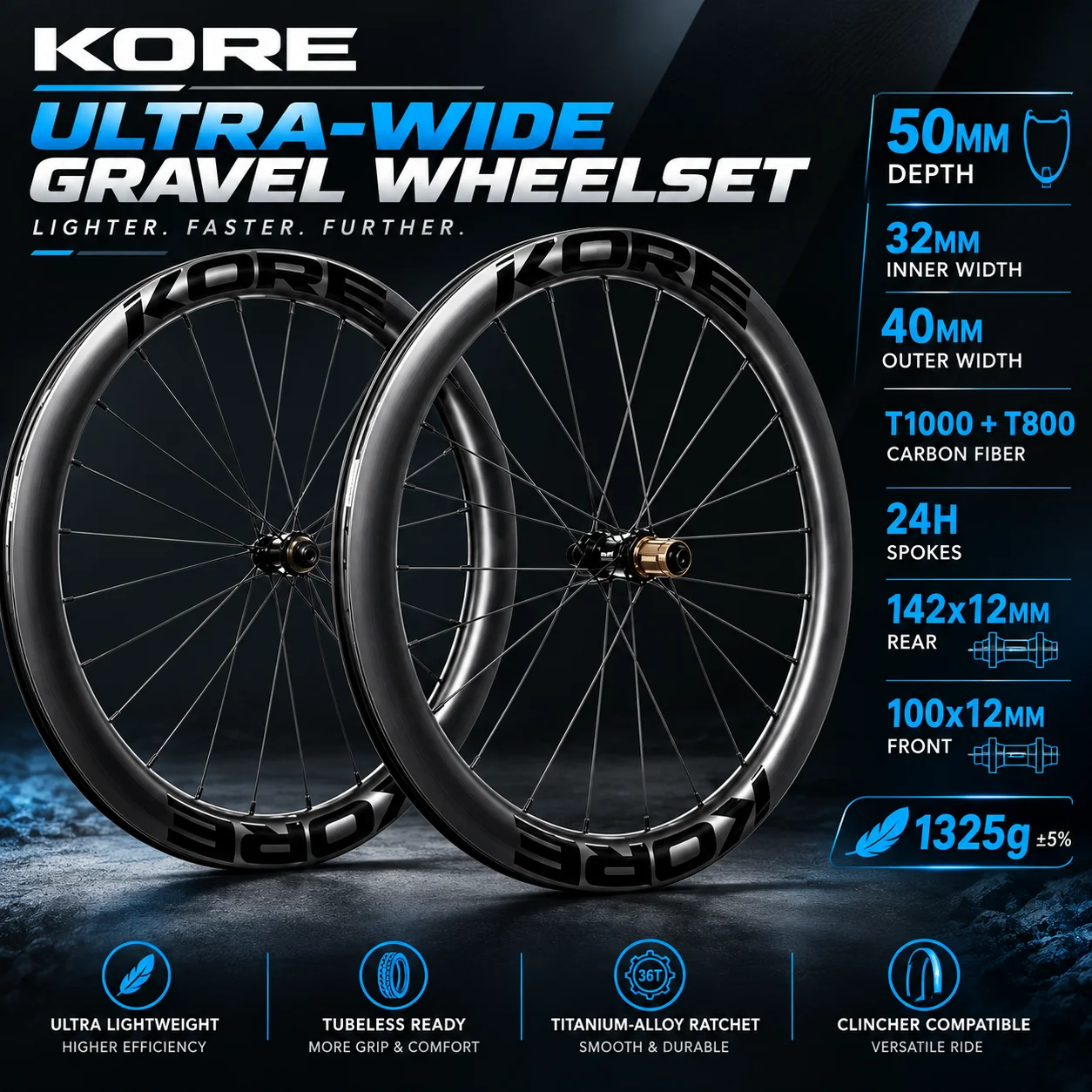 KORE TITAN Gravel Carbon – zestaw kół, wyjątkowo szerokie, 32 mm szerokość belki, 50 mm głębokość, 1325 g, piasta z mechanizmem zapadkowym 60T, kompatybilne z systemami HG/XDR, 24 szprychy, hamulce