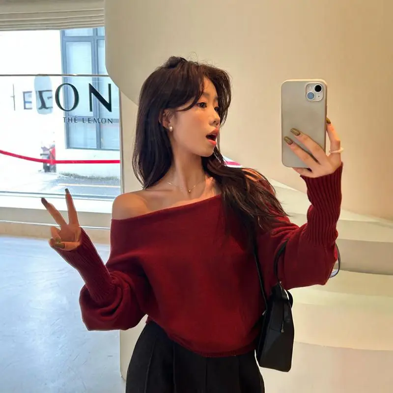 

Women's Clothing Elegant Off Shoulder Knitted Cropped Sweater Autumn Winter Sexy Knit Pullovers Slash Neck Tops Lady Temperament