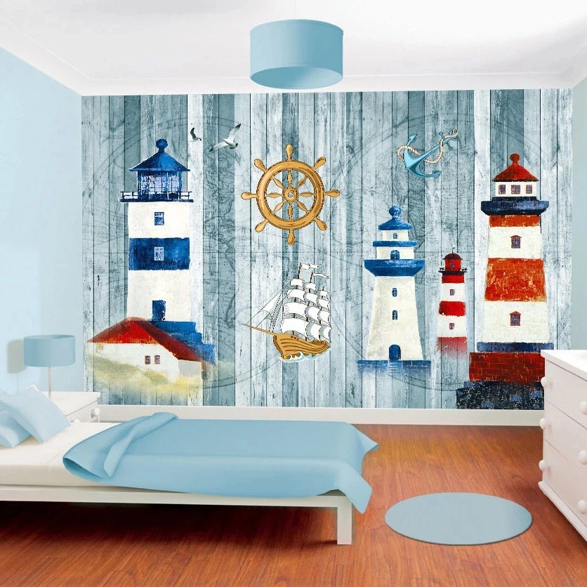 

Customized 3D Wallpaper Cartoon-themed Navigation Sailboat Sea Tower Wall Mural Kids Children's Room Backdrop bedroom restaurant