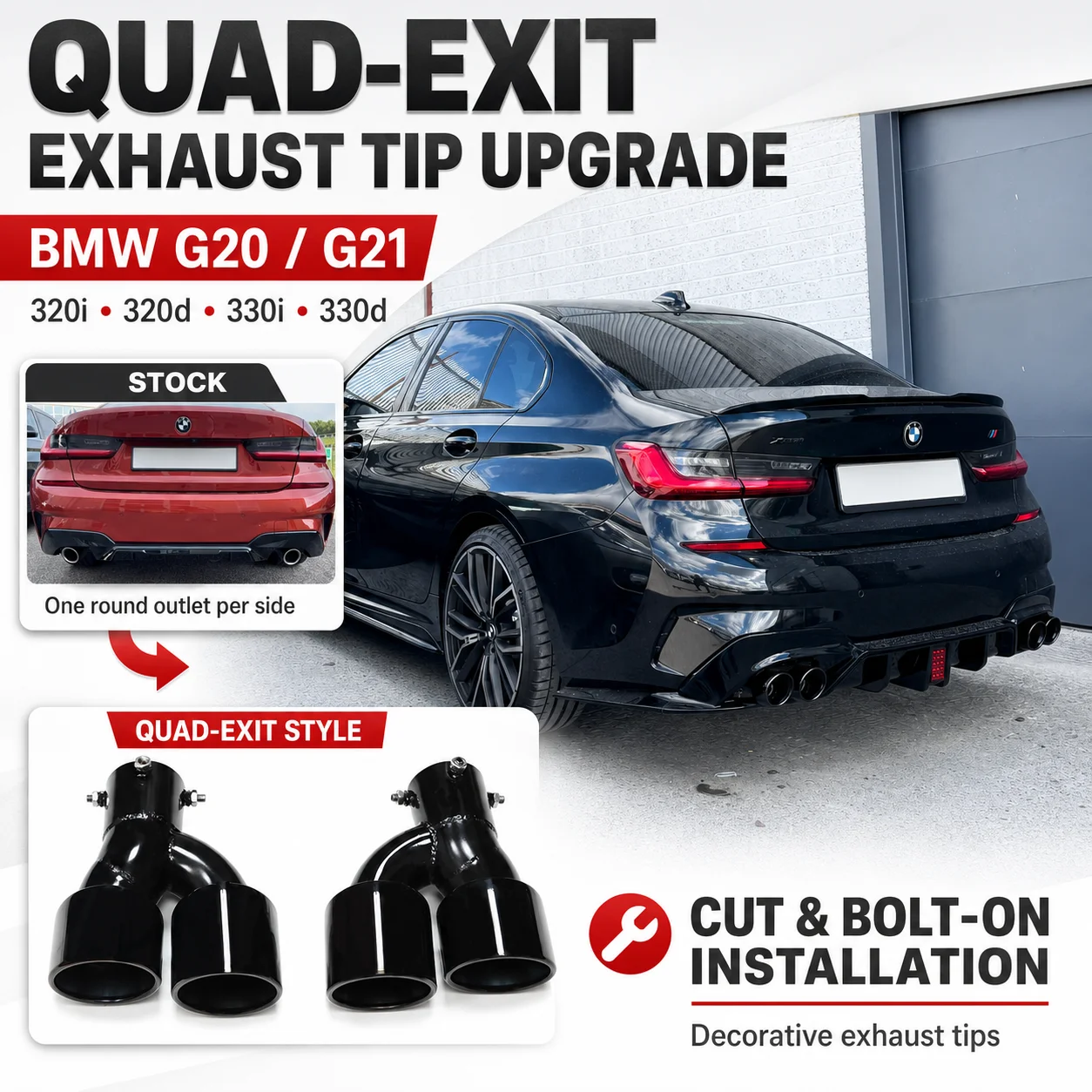 Czterokomponentowe końcówki wydechu do BMW G20 G21 Serii 3 2019-2024 330i 320d 330d 320i 330e Dekoracyjne ulepszenie końcówek wydechu (tylko rury okrągłe)