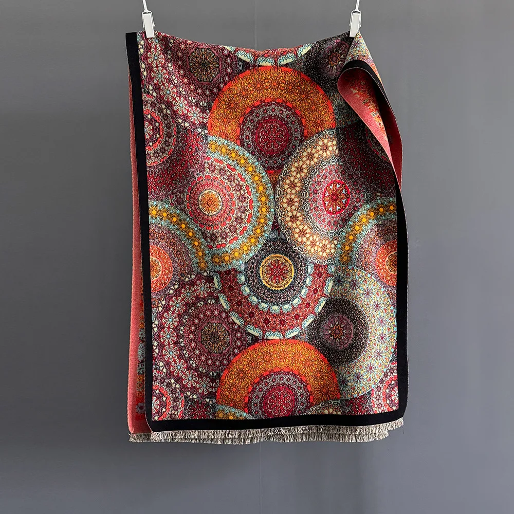 Colorful Bohemian Ethnic Style Good Faux Cashmere Shawl Long Thick Scarf Winter Warm Neckerchief Women Spring Autumn Cape 420g