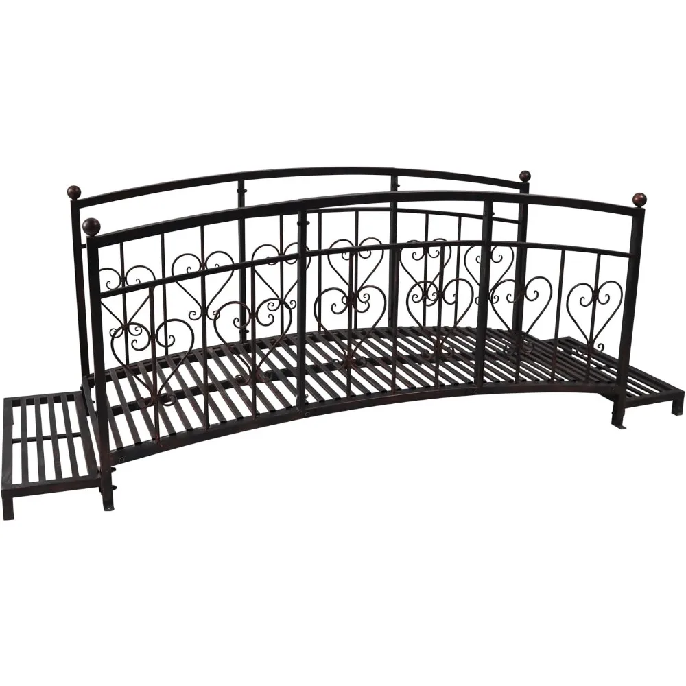 

8 Ft Metal Garden Bridge with Steps and Safety Patterned Siderails, Outdoor Decorative Long Iron Garden Arch Bridge Footbridge,