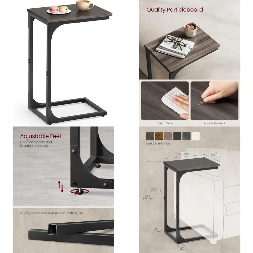 

C-Shaped Small Side Table with Metal Frame for Living Room, Bedroom, and Bedside in Chestnut Finish