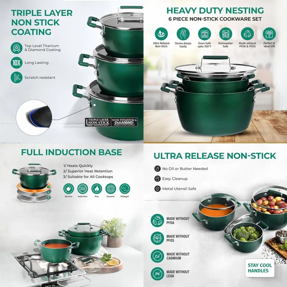 

Green Pots and Pans Set Nonstick, 6 Stackable Piece Cooking Pots Set, Kitchen Pots, Non Stick Coating, 5qt 3qt & 1.5qt Pots with
