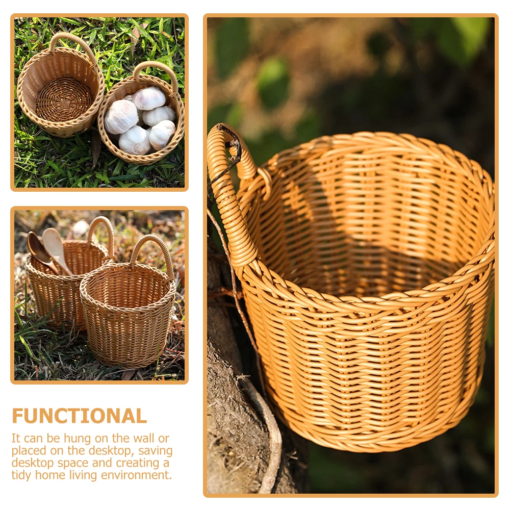 

Woven Kitchen Basket Round Woven Sundries Basket Brown Large Capacity Wall Hanging Spice ganizer Garlic Holder PP Material