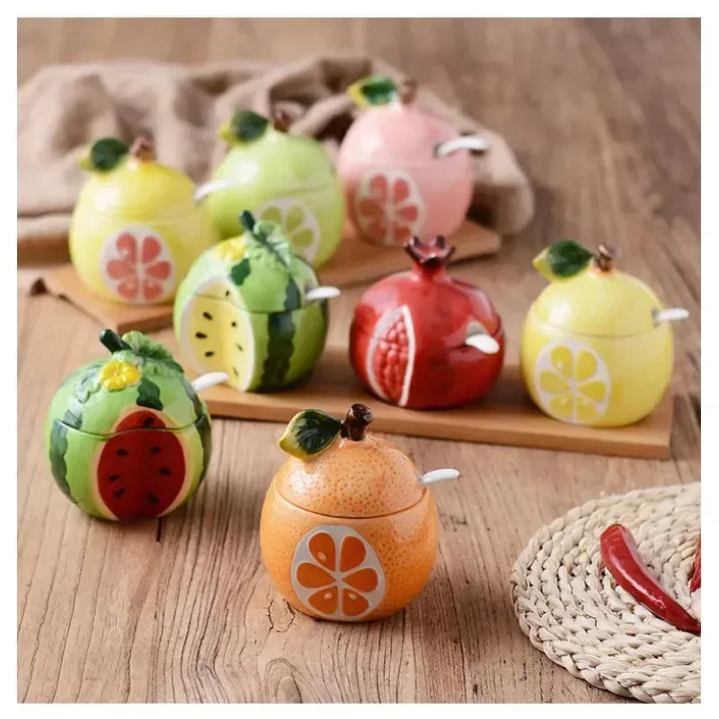 Creative Ceramic Seasoning Jar Bottle Kitchen Decoration Racks Fruit Melon Shape Spices Storage Tank Sugar Bowl with Lid &Spoon