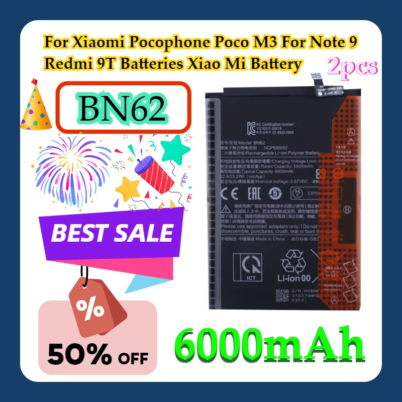 

2pcs For Xiaomi Pocophone Poco M3 For Note 9 Redmi 9T Batteries Xiao Mi 6000mAh BN62 Battery