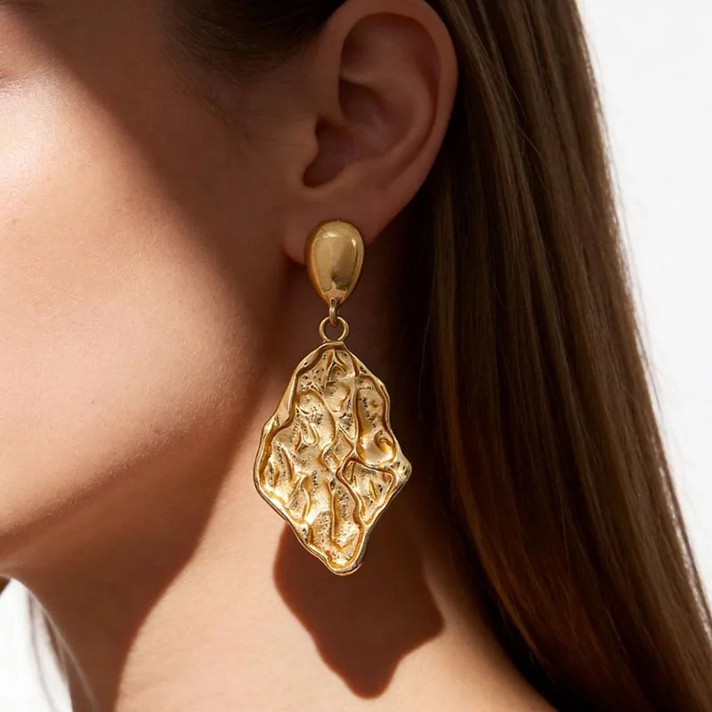 Vintage Geometric Irregular Hammered Metal Drop Earrings for Women Textured Dangler Minimalist Abstract Statement Jewelry Gifts