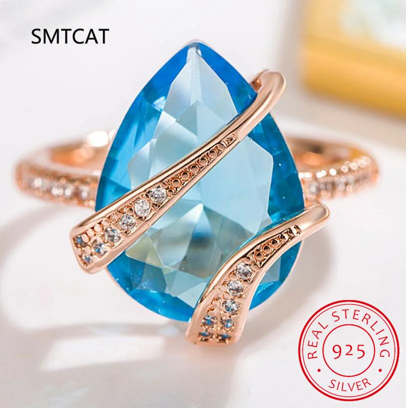 Pear Cut Natural Sky Blue Topaz 925 Sterling Silver Water Drop Ring for Women Solitaire Gemstone Fine Jewelry Anillos De Prata