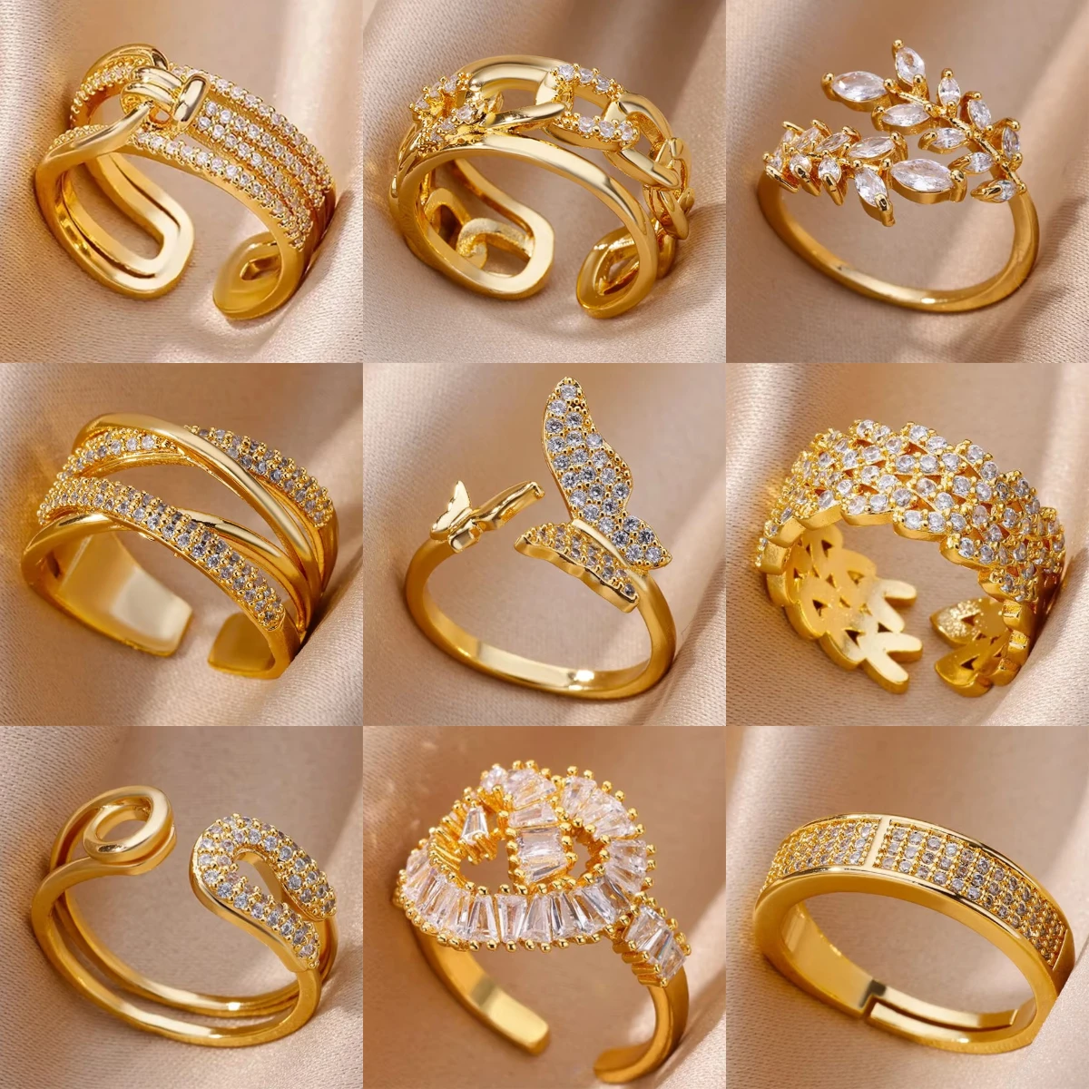 【セール中】ゴールドカラーのステンレス鋼色模造翡翠ハート型オープニングリング女性のための調節可能なチャーム指リングジュエリーギフト