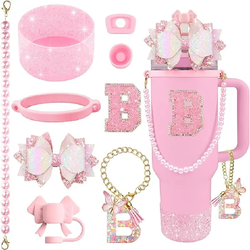 New 9-Piece Cup Accessory Set, Shiny First Letter Bow Straw Cap, Letter Chain Accessory