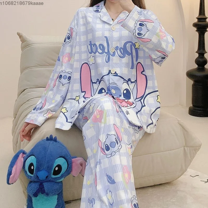 Stitch Cartoon Korean Version Cute Pajamas Set Women New Long Sleeved Fashion Sleepwear Y2k Sweet Girl Style Casual Home Clothes