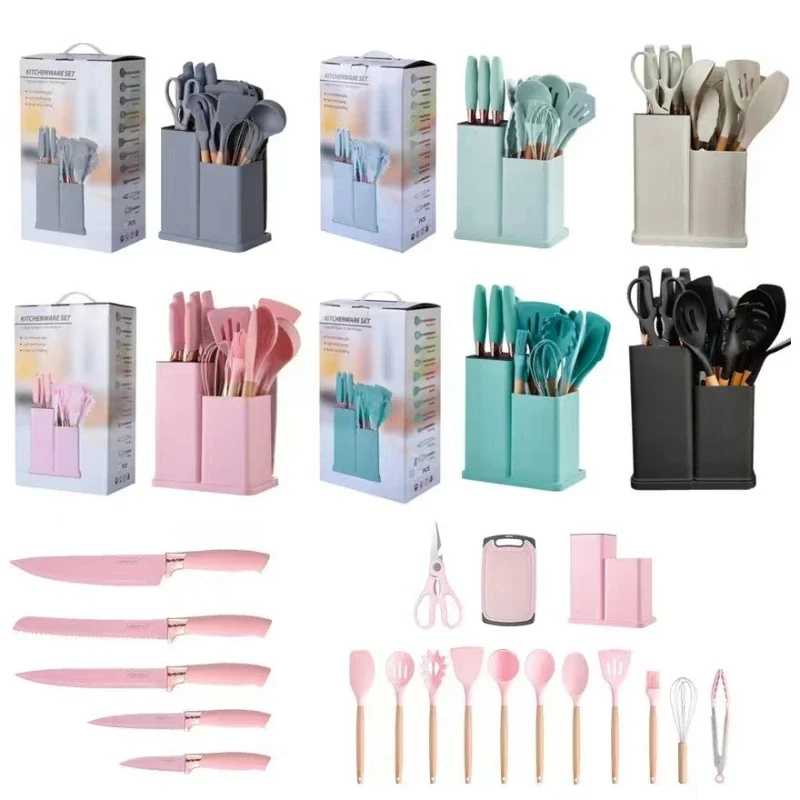 

19Pcs Silicone Kitchen Utensils With Storage Bucket High Temperature Wooden Handle Resistant And Non-Stick Pot Spatula Spoon