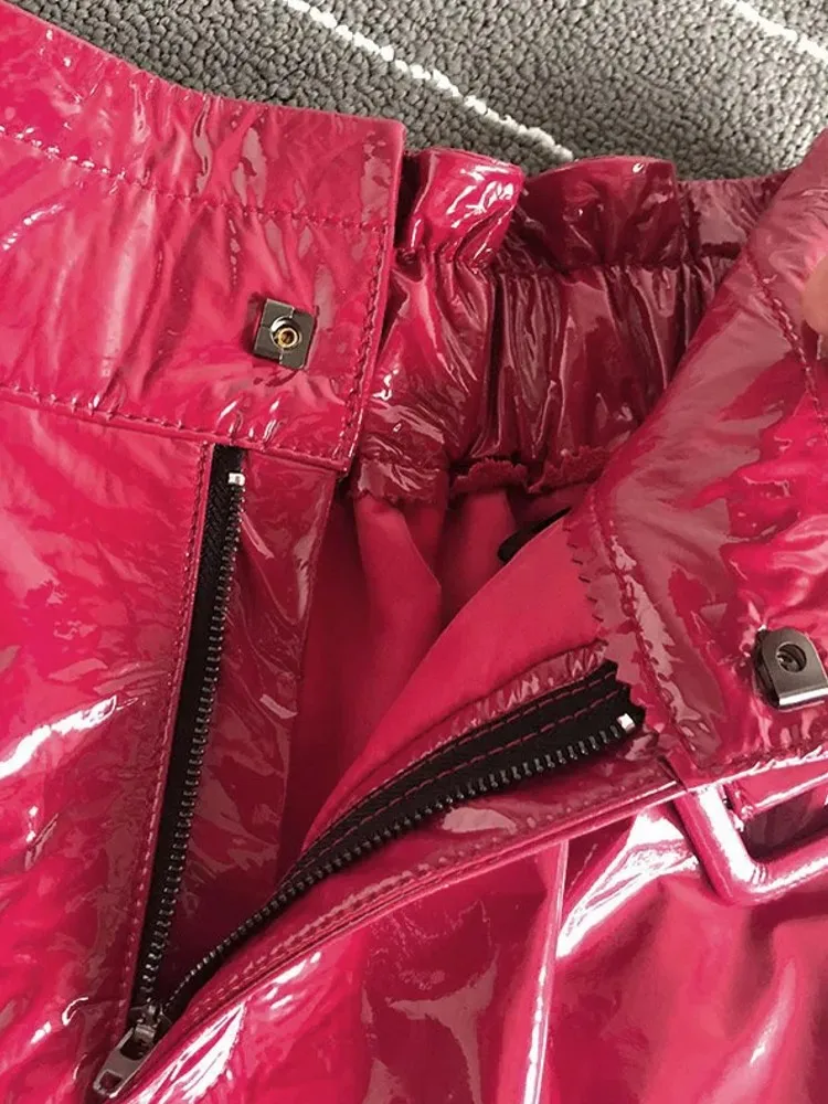 Street Women Genuine Leather Sheepskin Shorts Fashion High Waist Wide Leg Shorts Brand Red Black Sashes Casual Shorts Female