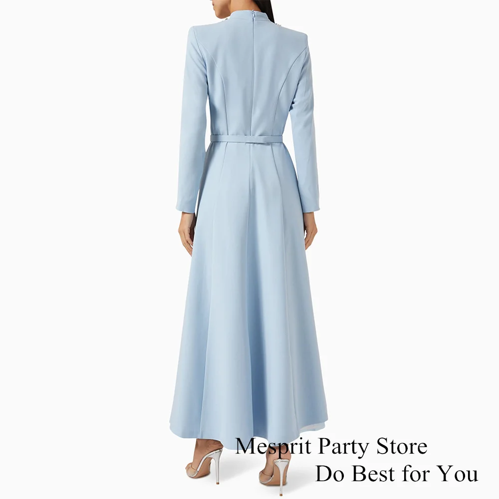 Light Blue Prom Dress Beads Customized High Neck A Line Pocket Dubai Party Gown for Formal Occasions Eid Evening Dresses