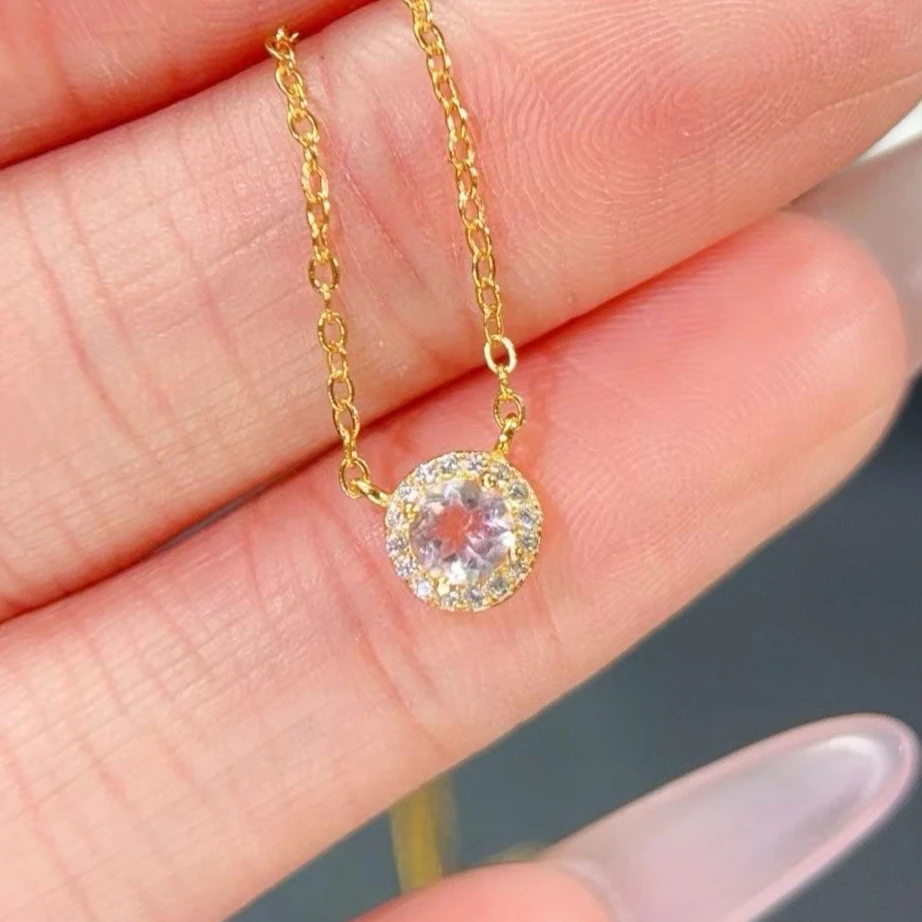 

Natural Morganite 925 Silver Pendant for Women, Gold-Plated Silver Halo Charm, Delicate Necklace with Authenticity Certificate