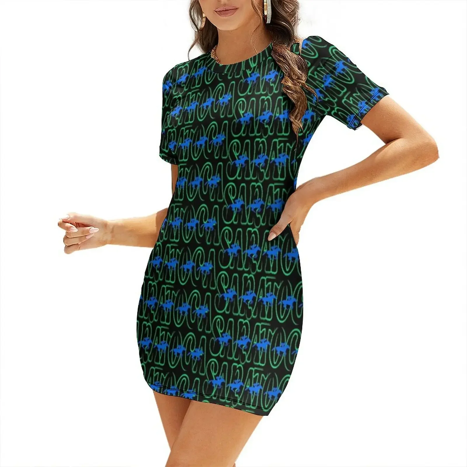 

Saratoga Racehorses Green and Blue Short-Sleeved Dress Women's summer dress Cocktail of dresses