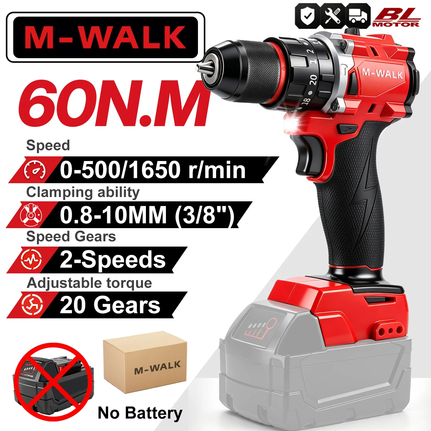 M-WALK Perceuse à percussion sans balais, tournevis électrique sans fil, perceuse électrique à 2 vitesses pour outils électriques à batterie 18V