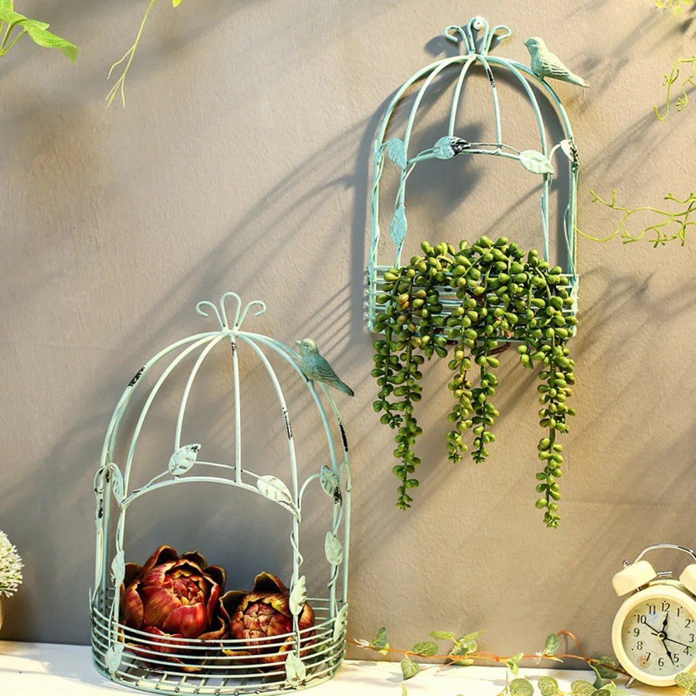 Bird Cage Flower Pot Vintage Country Wall Hanging Metal