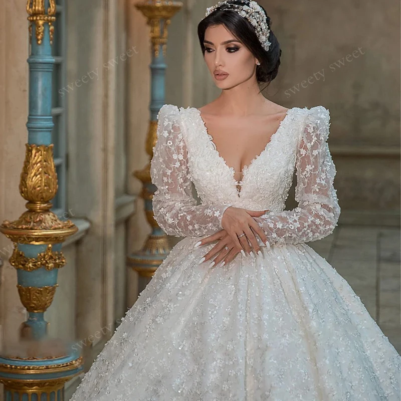 Exquisito Vestido De Novia De Organza con bordado, Vestido De baile con cuentas, mangas abullonadas, cuello en V, Vestido De Novia personalizado