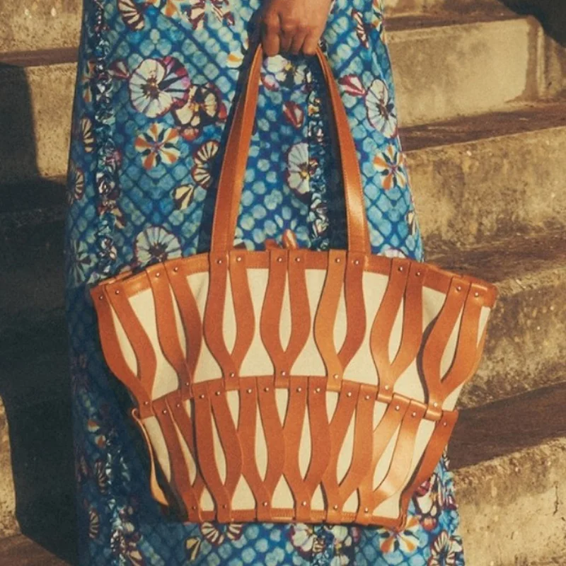 

Hollow Fashion Woven Shoulder Bag Brand Retro Large Capacity Tote Bag Texture Contrast Color Canvas Handbag Beach Bag Women Bag
