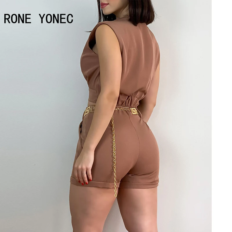 2024 Women Solid Folds V Neck Tank Crop Tops & Chain Belts Bottoms Sleeveless Solid Cargo Short Sets