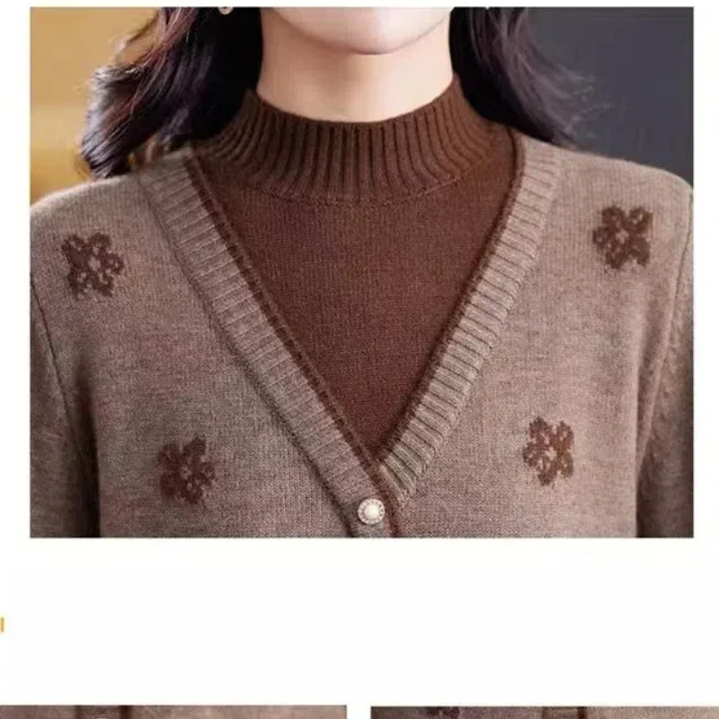 Women\'s Clothing Button Long Sleeve Half High Collar Autumn Winter Sweater Knitted Pullover Casual Elegant Screw Thread Tops