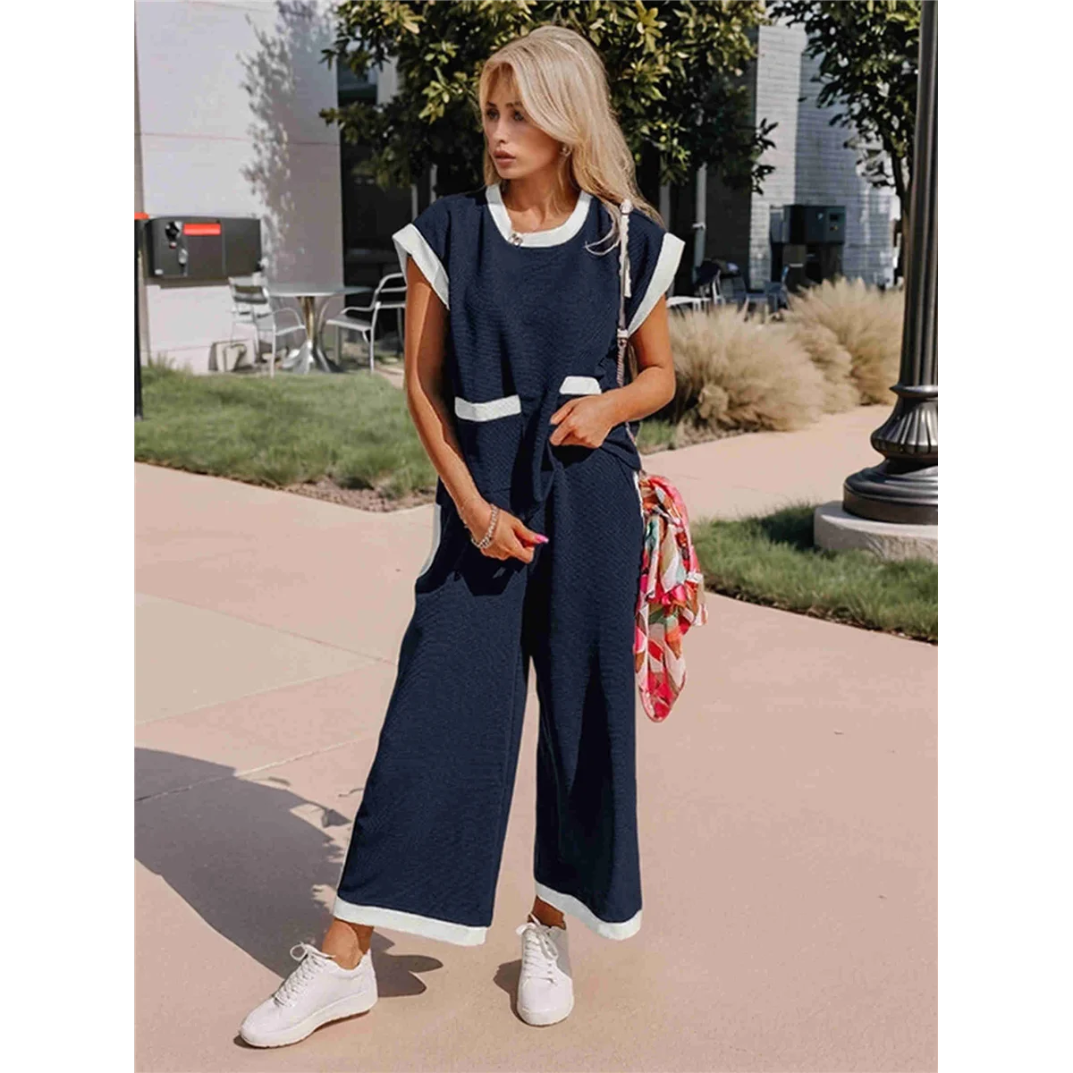 ABQR 여성 여름 라운지 세트 의상 반팔 풀오버 탑 와이드 레그 롱 팬츠 트랙슈트 네이비 블루 + 베이지 화이트 XL