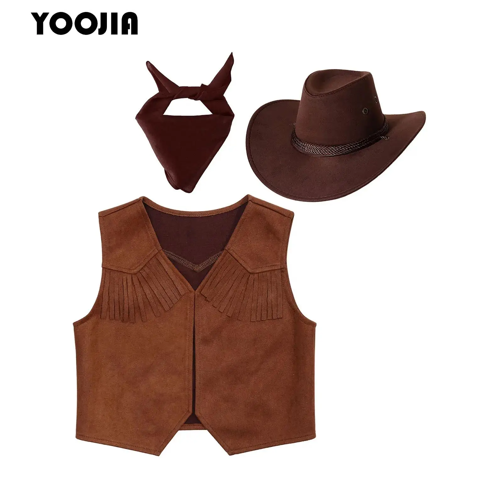 

Kids Western Cowboy Cowgirl Cosplay Costume Themed Party Vest Tassel Open Front Waistcoat with Hat Bandana Dress Up Outfits