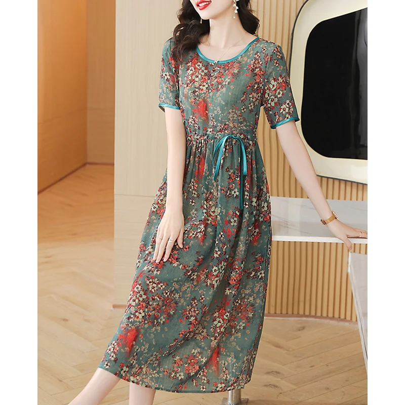 2023 New Summer Fashion Trend Temperament Round Neck Print Waist Tie Up Slim Commuting Simple Leisure Vacation Women's Dress