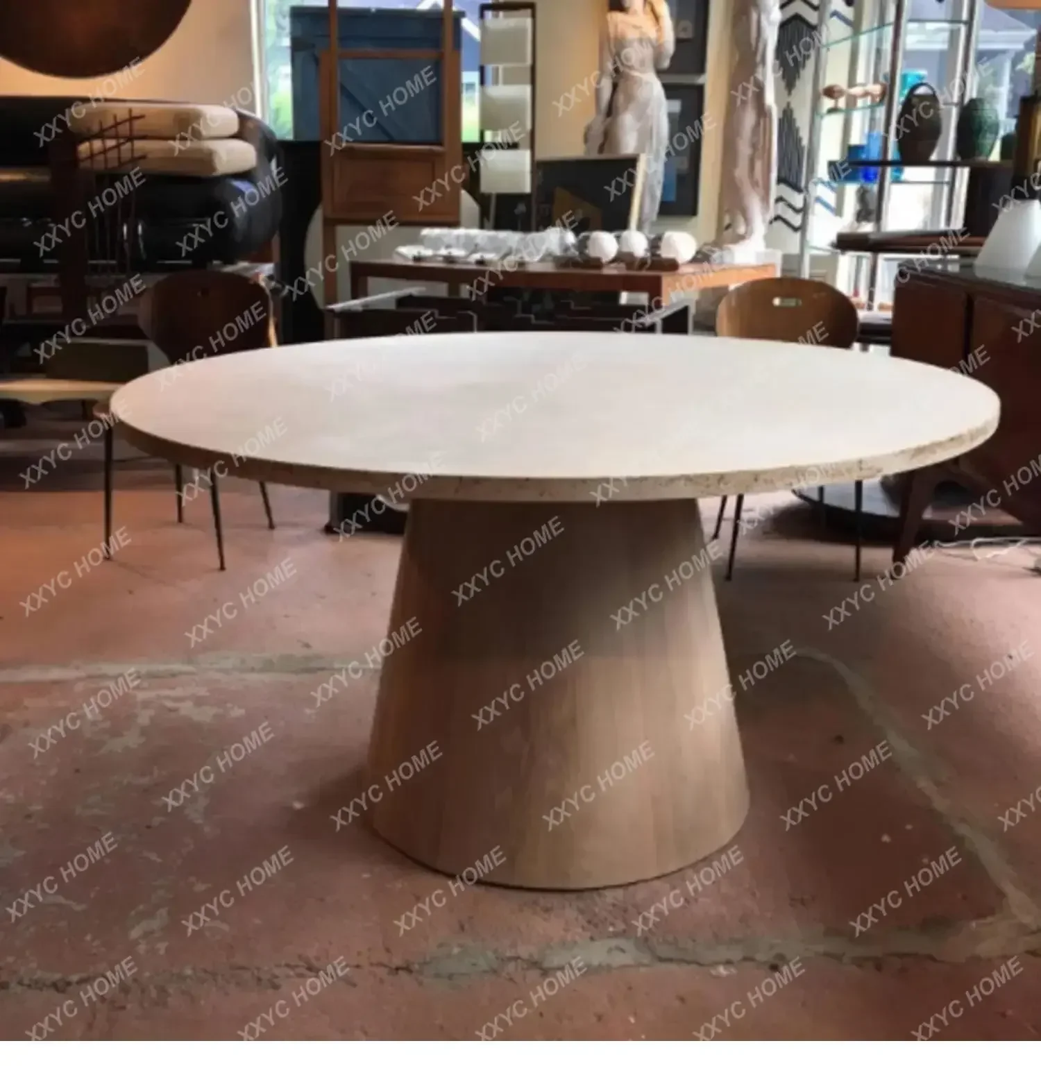 Natural marble dining table Guest restaurant Light luxury travertine dining table Hotel atmosphere round retro