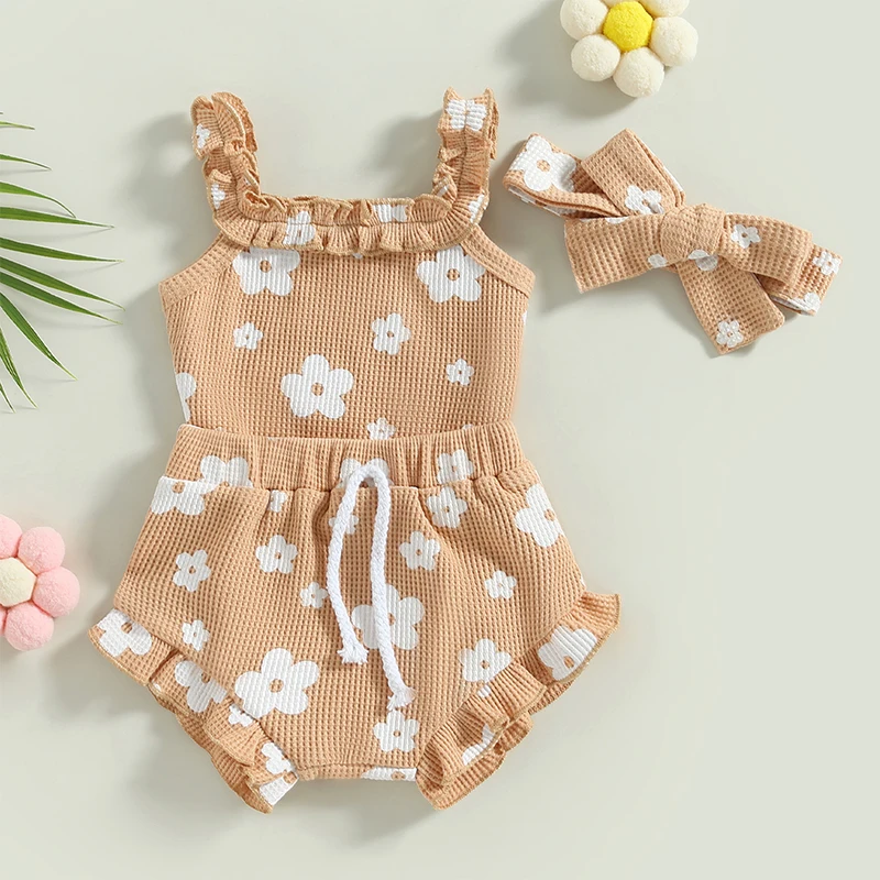 Baby Girls 3Pcs Summer Outfits Floral Sleeveless Strap Romper + Shorts + Headband Set image 4