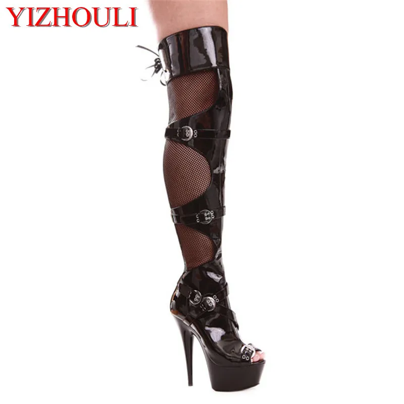 

6 Inch Peep Toe High Heels Platforms Thigh High Sexy Boots 15cm Buckle-Strap Over The Knee Boots Sexy Dance Shoes