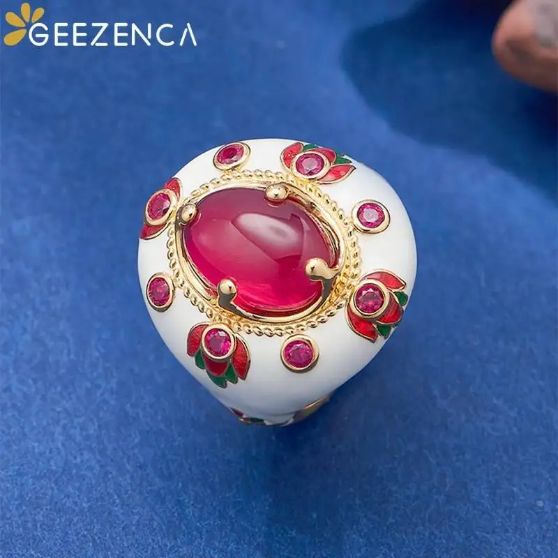 GEEZENCA Red Corundum 925 Silver Enamel Jewelry Sets Earrings Ring Pendant For Women 18K Gold Vintage Luxury Chic Gift 2024 New
