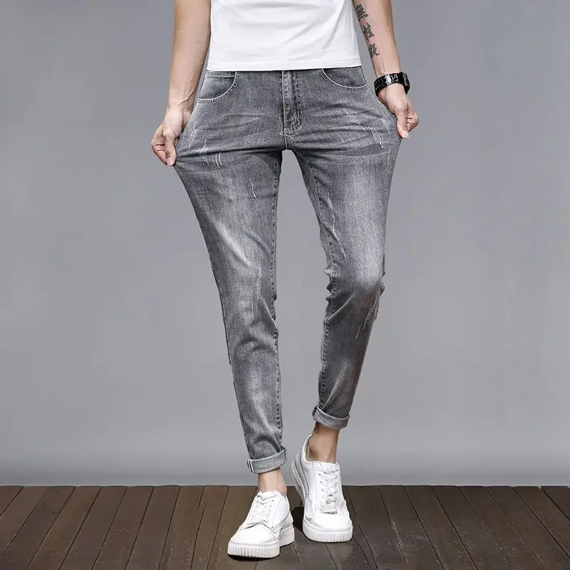 Mens Summer Lightweight Skinny Ankle Length Jeans Korean Fashion 2026 Slim Fit Elastic Casual Streetwear Trousers