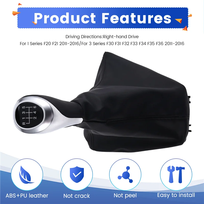 A02Q-Car 6 Speed Manual Gear Lever Stick Shift Knob With PU Leather Dustproof Boot For BMW 1 3 Series F20 F30 2011-2016