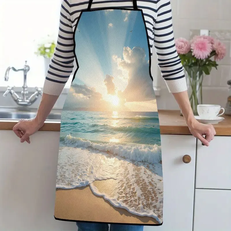 1pc, Sunny Beach With Ocean Waves Suitable For Ladies And Gentlemen A Kitchen Cooking Apron That Is Essential For Household Chor