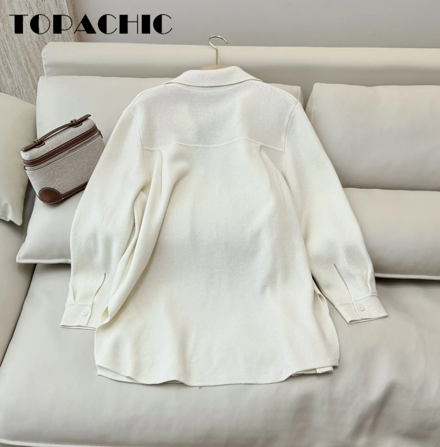 9.4 TOPACHIC Women Embroidery Letter Wool Knit Soft Comfortable Cardigan Elegant Lapel Pocket Loose Casual Long Knit Coat