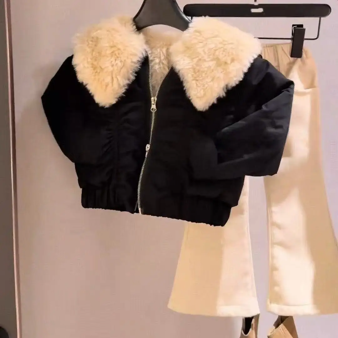 

Kids Girls' Winter Coat Fashion 2026 New Style Children's Thick Fury Collar Jacket with Velvet Bellbottom Pants Two Piece Set