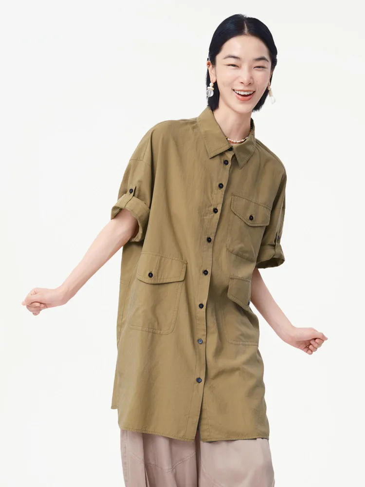 

Рубашка MOVEUP повседневная с короткими рукавами, летняя коллекция 2026, со спущенными плечами, множеством карманов, на пуговицах, с отворотами на манжетах, оверсайз, для женщин 125220447