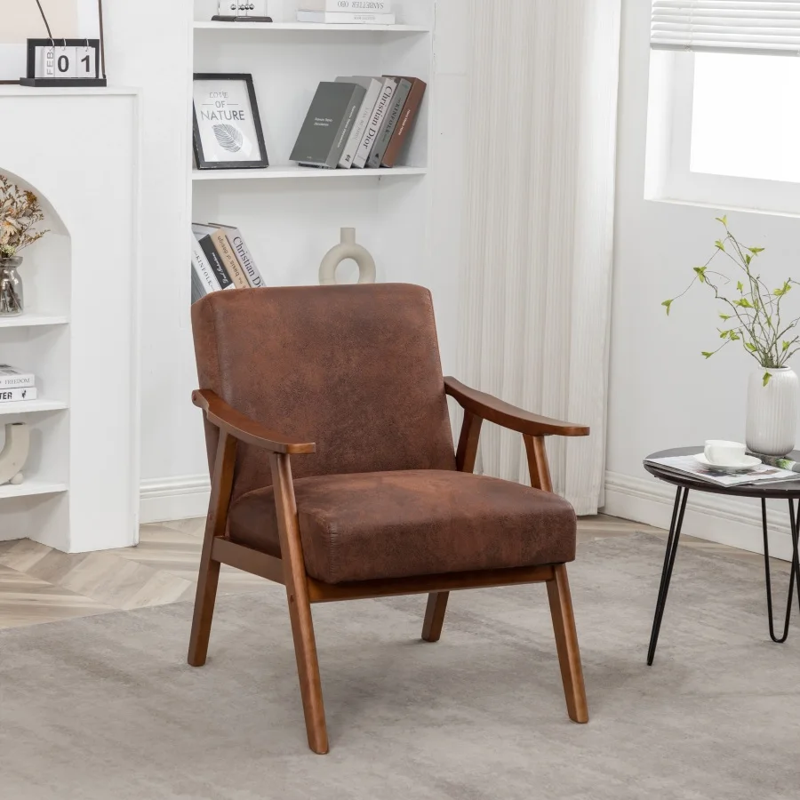 Accent Chair with Microfiber Upholstery and Solid Wood Frame, Classic Mid-Century Modern Living Room Furniture for Extra Seatin