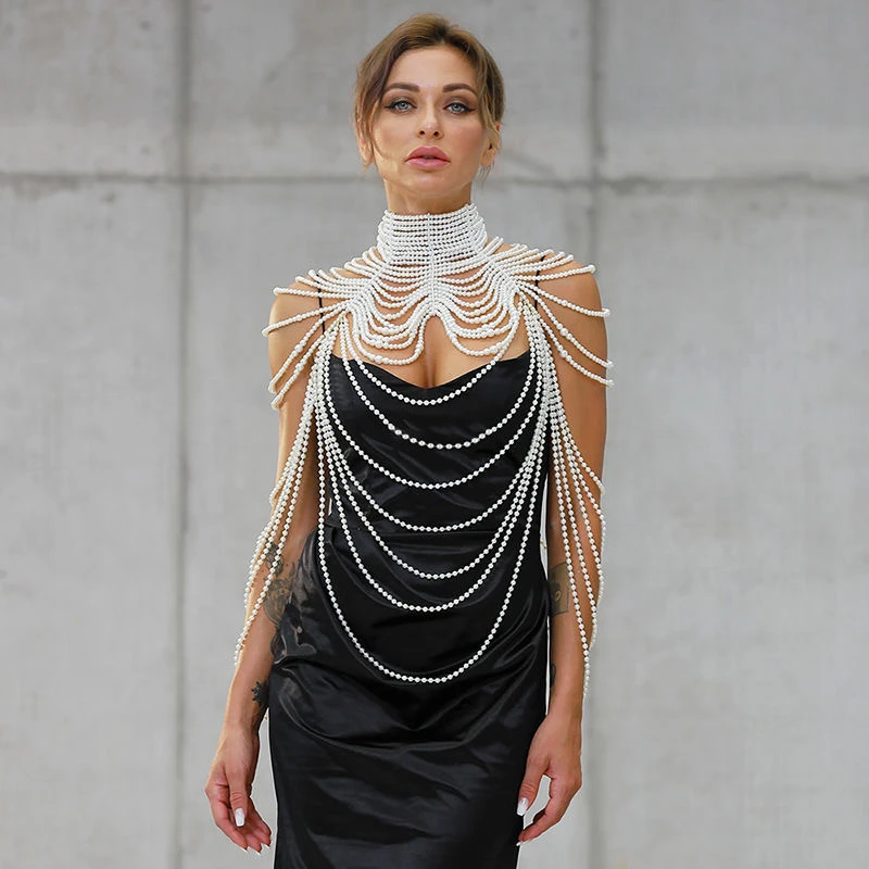 手織りハイネックパールショルダーショール-レディース-クラウドショルダーショール-ボディチェーンネックレス-袖カバー-カウルネックラップ
