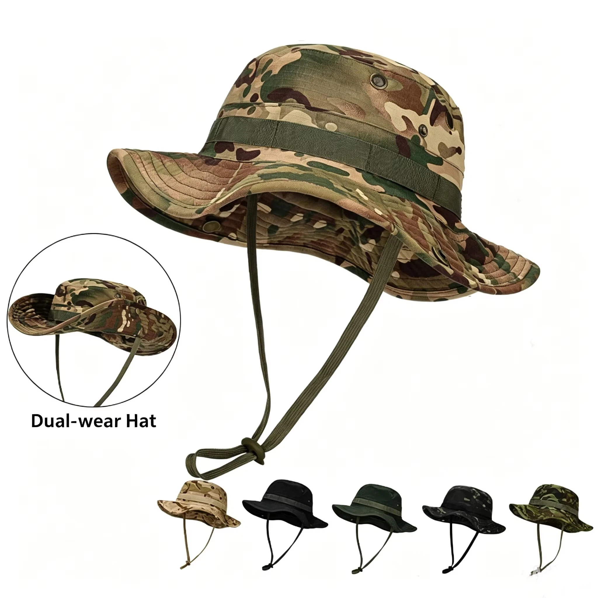 Camo Tactical Bonnie Hat, Wide Brim UV Protection Outdoor Bucket Cap, Windproof Sun Hat for Fishing Hiking Camping Hunting