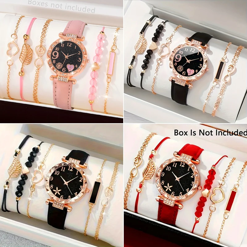 

6PCS Set Watch For Women Luxury Leather Analog Ladies Quartz Wrist Watch Fashion Bracelet Watch Set Female Relogio Feminino